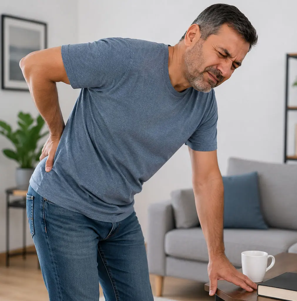 Hombre con dolor lumbar al agacharse por dolor de espalda y lumbalgia