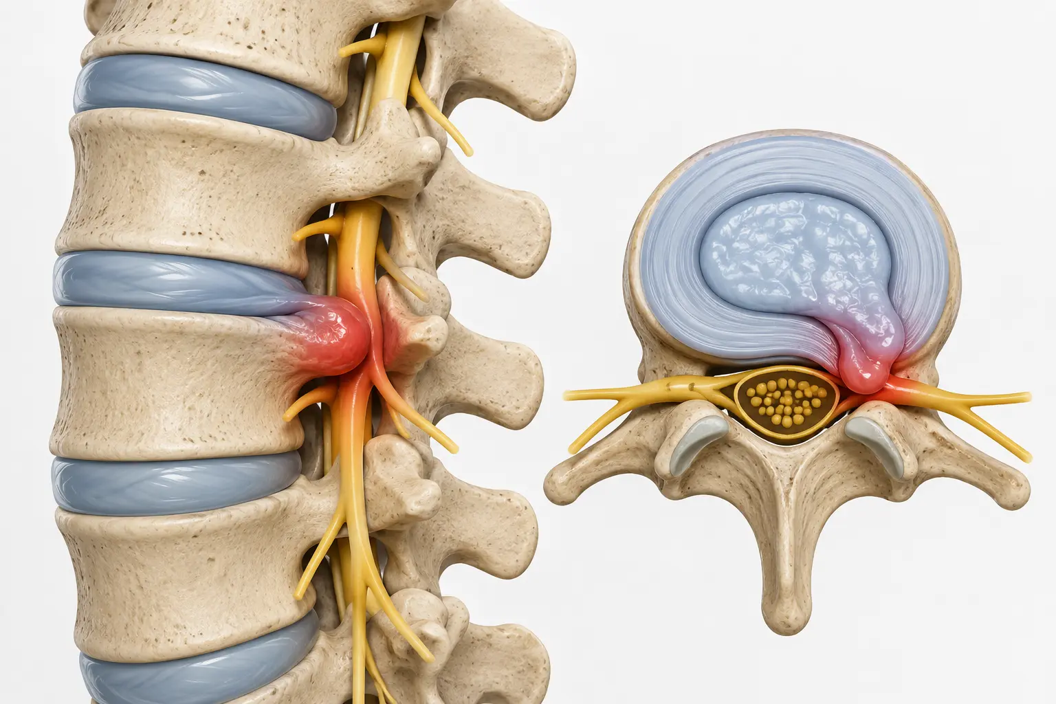 Ilustración anatómica de hernia discal y compresión nerviosa en la columna lumbar