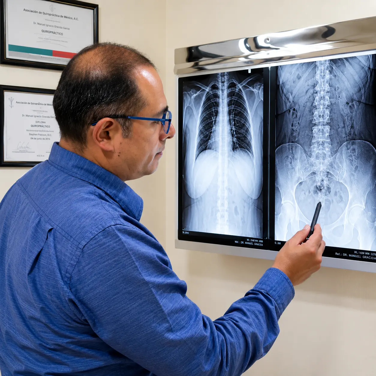 Quiropráctico revisando radiografías de columna para valoración de hernia de disco en Tu Alivio Tlalnepantla